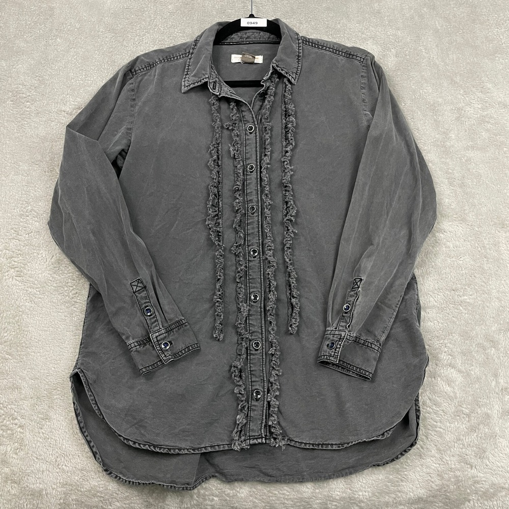 Anthropologie Pilcro Juni Ruffle Denim Button Down Shirt Womens XS Gray Chambray